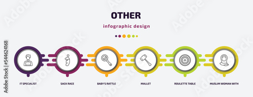 other infographic template with icons and 6 step or option. other icons such as it specialist, sack race, baby's rattle, mallet, roulette table, muslim woman with hijab vector. can be used for