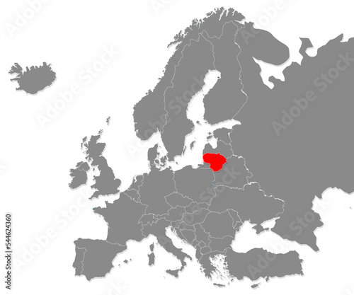 Map of Lithuania highligted with red in Europe map photo