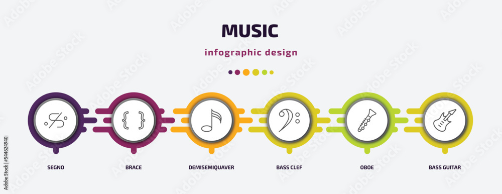 music infographic template with icons and 6 step or option. music icons such as segno, brace, demisemiquaver, bass clef, oboe, bass guitar vector. can be used for banner, info graph, web, music infographic template with icons and 6 step or option. music icons such as segno, brace, demisemiquaver, bass clef, oboe, bass guitar vector. can be used for banner, info graph, web,
