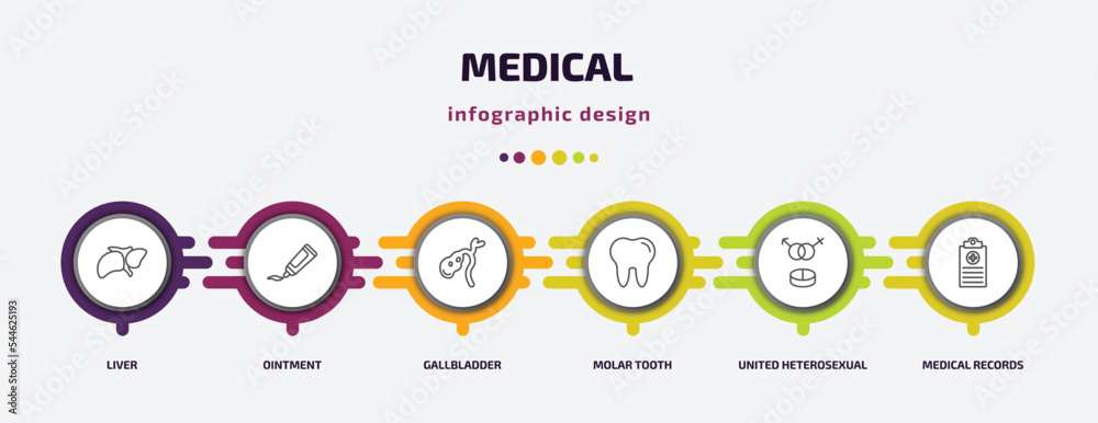 medical infographic template with icons and 6 step or option. medical icons such as liver, ointment, gallbladder, molar tooth, united heterosexual, medical records vector. can be used for banner, medical infographic template with icons and 6 step or option. medical icons such as liver, ointment, gallbladder, molar tooth, united heterosexual, medical records vector. can be used for banner,