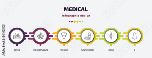 medical infographic template with icons and 6 step or option. medical icons such as dermis, atomic structure, premolar, plastered foot, femur, l vector. can be used for banner, info graph, web,