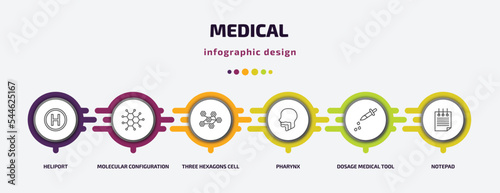 medical infographic template with icons and 6 step or option. medical icons such as heliport, molecular configuration, three hexagons cell, pharynx, dosage medical tool, notepad vector. can be used