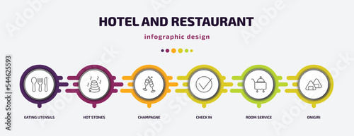 hotel and restaurant infographic template with icons and 6 step or option. hotel and restaurant icons such as eating utensils, hot stones, champagne, check in, room service, onigiri vector. can be photo