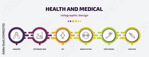 health and medical infographic template with icons and 6 step or option. health and medical icons such as handgrip, stationary bike, fat, weightlifting, tooth brush, injection vector. can be used