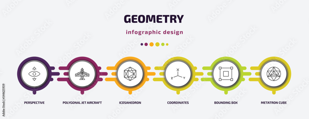 geometry infographic template with icons and 6 step or option. geometry icons such as perspective, polygonal jet aircraft, icosahedron, coordinates, bounding box, metatron cube vector. can be used geometry infographic template with icons and 6 step or option. geometry icons such as perspective, polygonal jet aircraft, icosahedron, coordinates, bounding box, metatron cube vector. can be used