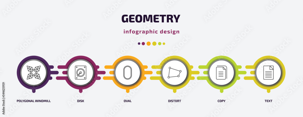 Fototapeta premium geometry infographic template with icons and 6 step or option. geometry icons such as polygonal windmill, disk, oval, distort, copy, text vector. can be used for banner, info graph, web,