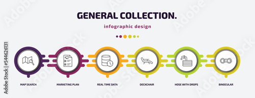 general collection. infographic template with icons and 6 step or option. general collection. icons such as map search, marketing plan, real time data, deckchair, hose with drops, binocular vector.