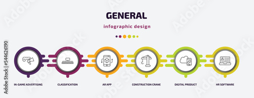 general infographic template with icons and 6 step or option. general icons such as in-game advertising, classification, ar app, construction crane, digital product, hr software vector. can be used