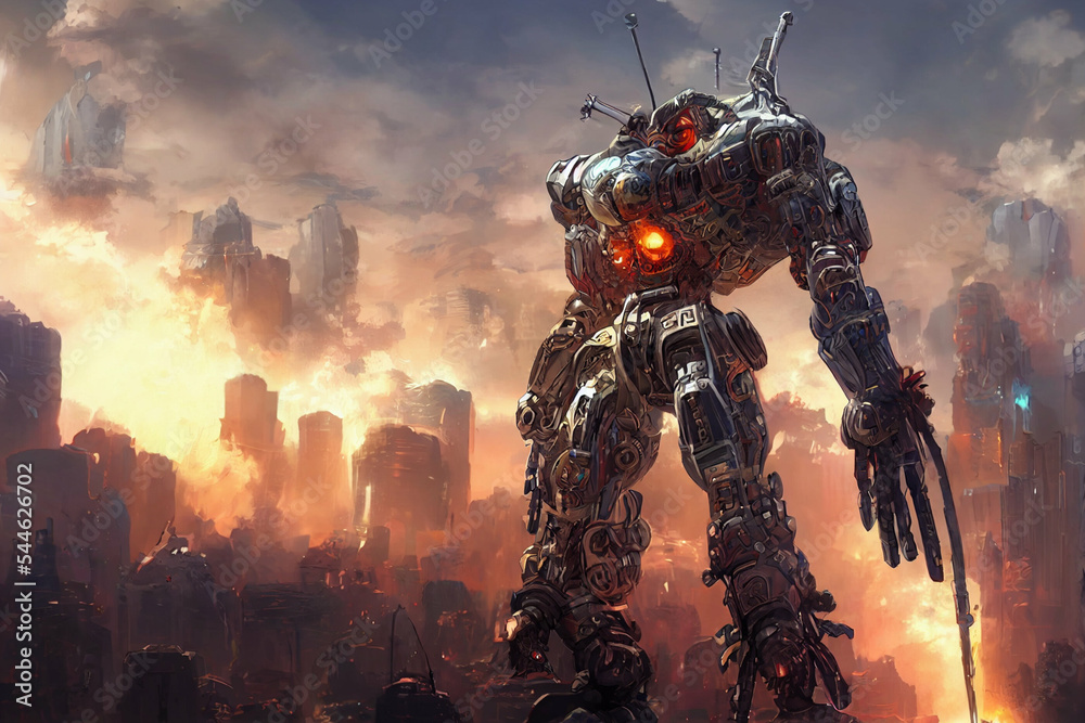 Giant Robot Attacking a City 21 Stock Illustration