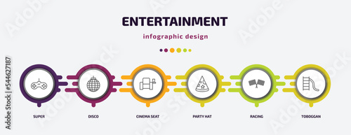 entertainment infographic template with icons and 6 step or option. entertainment icons such as super, disco, cinema seat, party hat, racing, toboggan vector. can be used for banner, info graph,