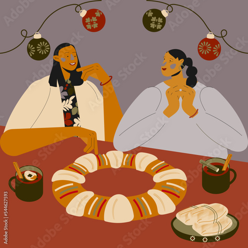 Ilustración vectorial de dos mujeres celebrando tradición Día de Reyes y Navidad en México y España. 6 de Enero, rosca, ponche, tamales, candelaria.