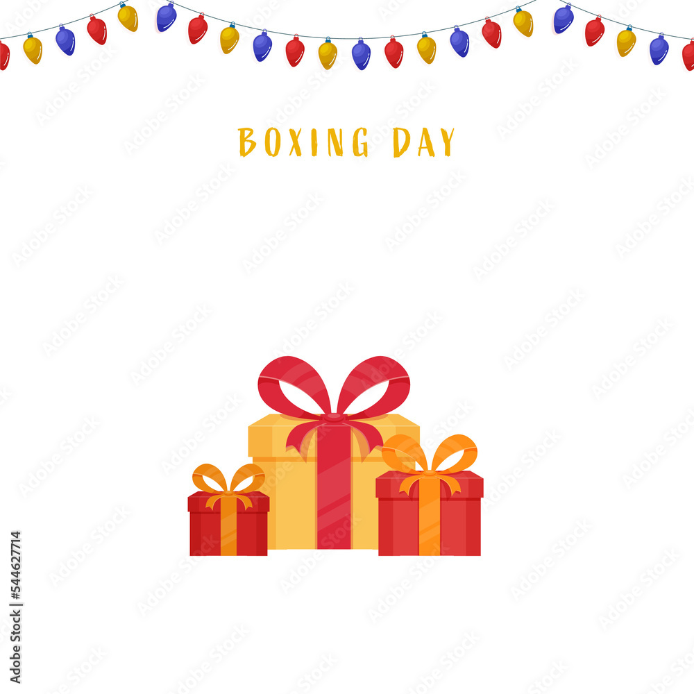 Boxing Day Sale Poster Design With Gift Boxes And Lighting Garland Decorated Background.