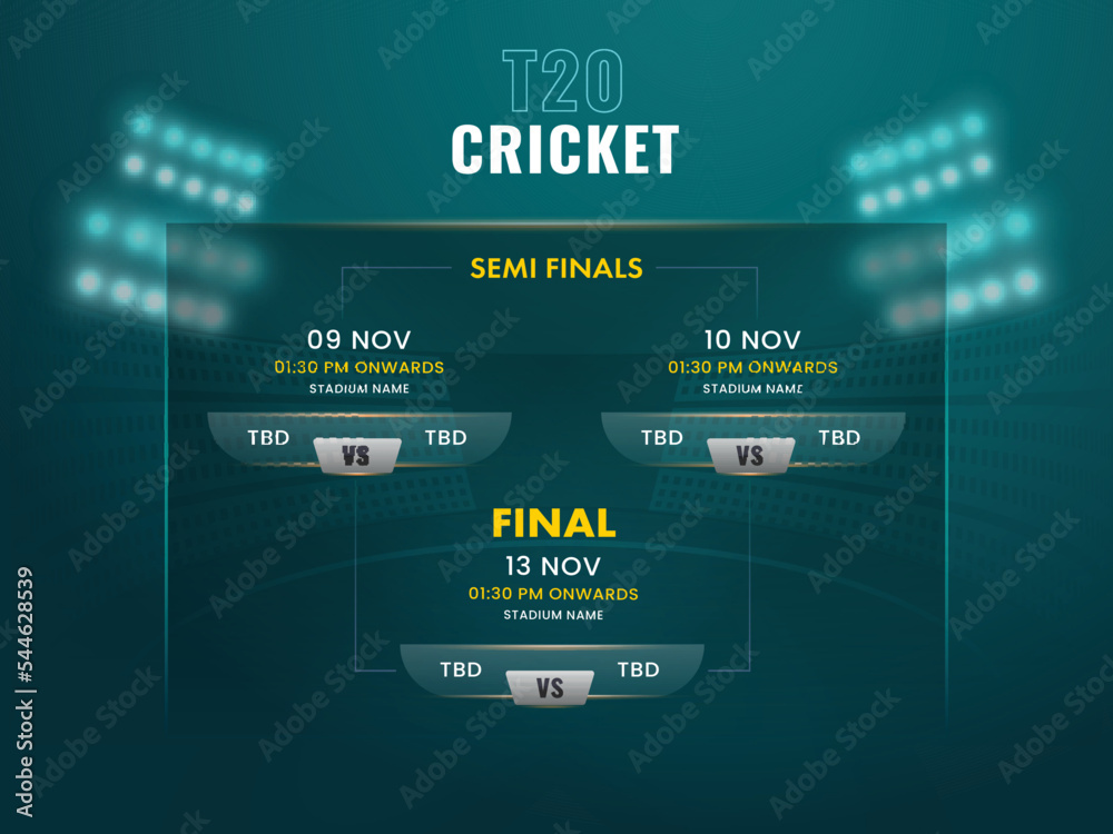 T20 Cricket Semi Final And Final Fixtures Schedule Structure On Glassmorphism Dark Teal Stadium Background. T20 Cricket Semi Final And Final Fixtures Schedule Structure On Glassmorphism Dark Teal Stadium Background.