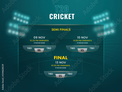 T20 Cricket Semi Final And Final Fixtures Schedule Structure On Glassmorphism Dark Teal Stadium Background.