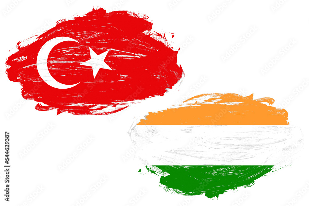 India and turkey flag together on a white stroke brush background