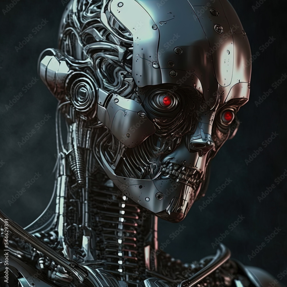 Mechanical cyborg sci-fi robot in action pose 3D illustration with a dramatic futuristic lighting Poster design portrait Mechanical cyborg sci-fi robot in action pose 3D illustration with a dramatic futuristic lighting Poster design portrait