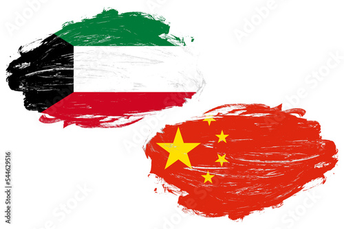 Kuwait and china flag together on a white stroke brush background