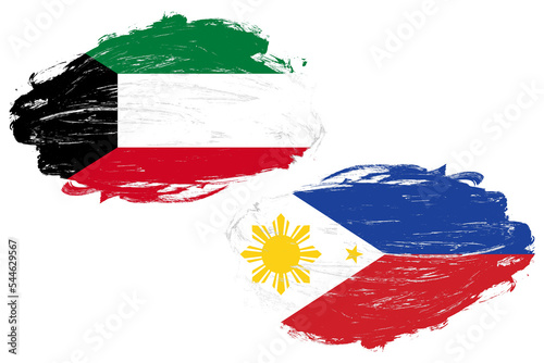 Kuwait and philippines flag together on a white stroke brush background