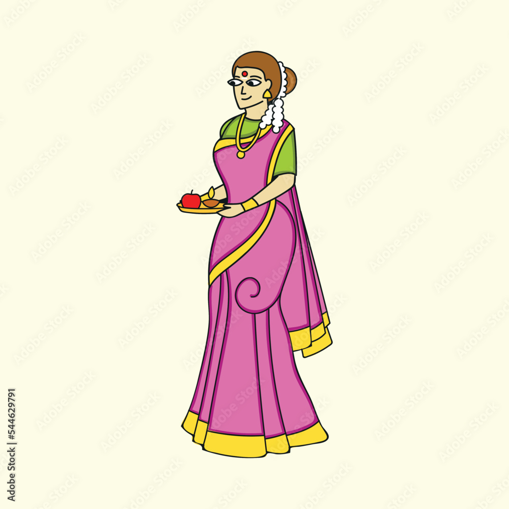 Beautiful Indian Lady Holding Worship Plate With Apple And Diya (Oil Lamp) On Yellow Background. Beautiful Indian Lady Holding Worship Plate With Apple And Diya (Oil Lamp) On Yellow Background.