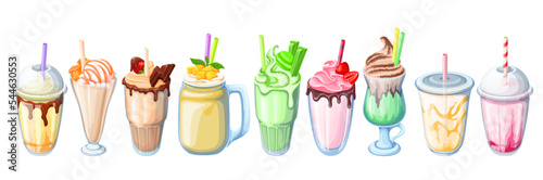 Milkshake set vector illustration. Cartoon isolated plastic or glass cups with milk drink, straw and sweet food, cocktail dessert with chocolate and caramel sauces, matcha tea and mango fruit