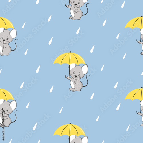 Seamless rain pattern with cute little mouse with umbrella. Vector background for kids