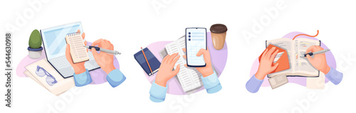 Office work with business documents and planning set vector illustration. Cartoon isolated hands of person holding notepad and pen, mobile phone with planner mobile app, diary reminder to work