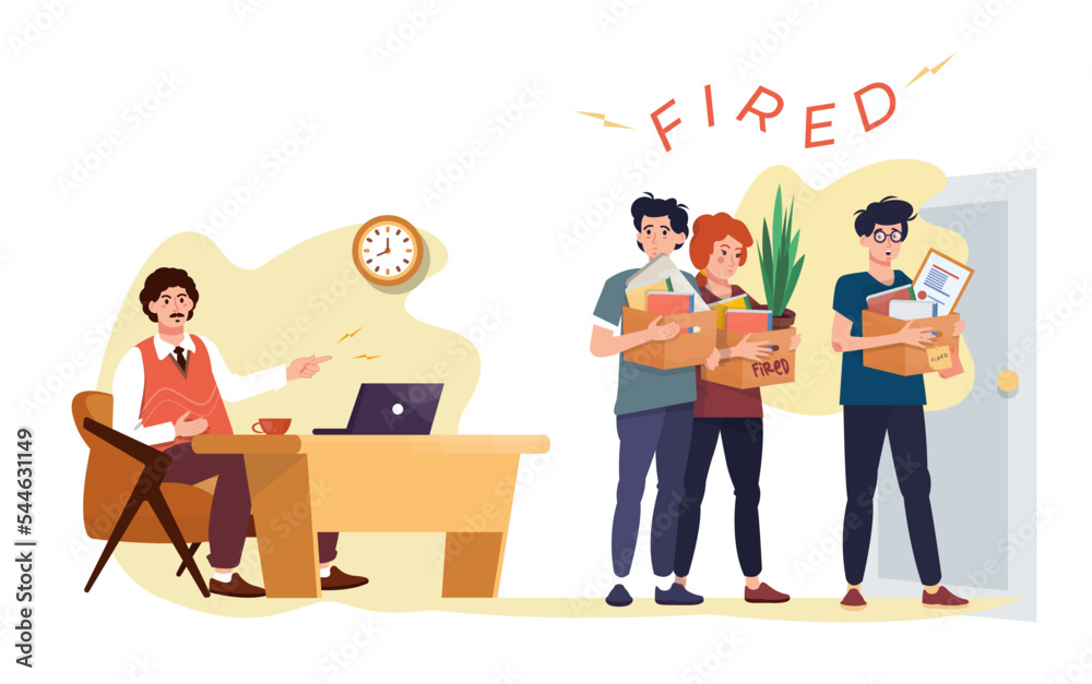 People fired dismissed from the job. Boss shouted at the employees. Workers going to the door with their stuff, boxes. Unemployment concept. Recession. Search for the job, occupation. Loss of job.  
