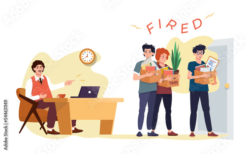 People fired dismissed from the job. Boss shouted at the employees. Workers going to the door with their stuff, boxes. Unemployment concept. Recession. Search for the job, occupation. Loss of job.  
