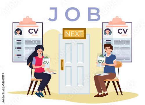 Man and woman waiting for the job interview. Candidates with cv sitting in line. Open vacancy. Unemployment concept. Recession. Search for the job, occupation. Loss of job.  Flat vector illustration.