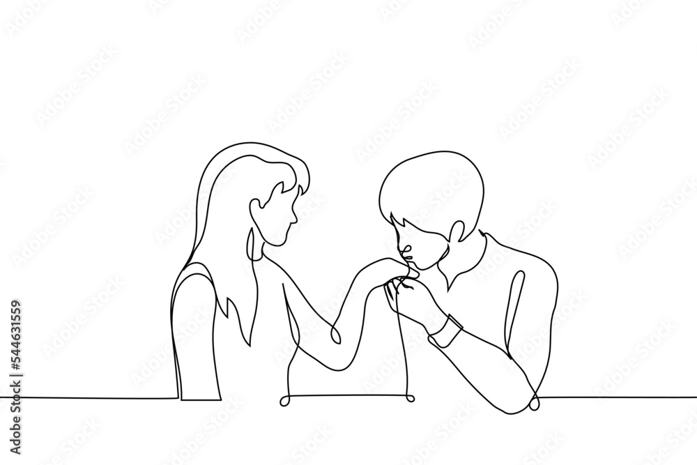 man kissing woman's hand - one line drawing vector. concept gentleman man kissing woman's hand - one line drawing vector. concept gentleman