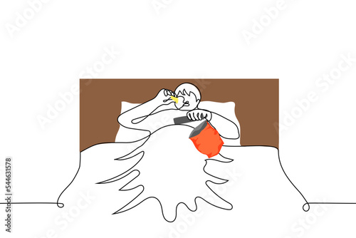 man lies in bed and eats chips from a pack holding a remote control - one line drawing vector. concept of being lazy in bed, leading an unhealthy lifestyle, introvert lifestyle