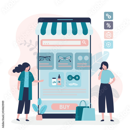 Female characters chooses eyeglasses, contact lenses in online store. Optics store on smartphone screen. Girls buys lenses, accessories in e-store. E-commerce, eye care. Ophthalmology shop app.