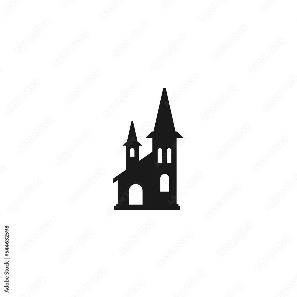 Magic mansion, fairy tale villa house icon. Black castle icon. Tower ...