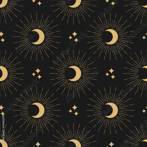 Seamless pattern with golden half moon, crescents and stars on black background. Night, sky, dream, sleep ornament. Mystic, magic, sorcery wallpaper. Celestial print. birth chart.
