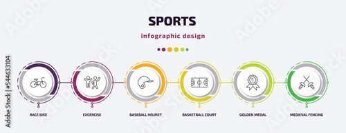 sports infographic template with icons and 6 step or option. sports icons such as race bike, excercise, baseball helmet, basketball court, golden medal, medieval fencing vector. can be used for