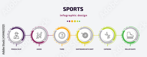 sports infographic template with icons and 6 step or option. sports icons such as pencak silat, aikido, third, dartboard with dart, capoeira, roller skate vector. can be used for banner, info graph,