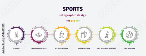 sports infographic template with icons and 6 step or option. sports icons such as climber, two boxing gloves, ice skating man, amonestation, boy with skatingboard, football ball vector. can be used