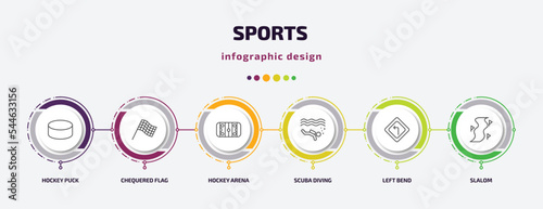 sports infographic template with icons and 6 step or option. sports icons such as hockey puck, chequered flag, hockey arena, scuba diving, left bend, slalom vector. can be used for banner, info