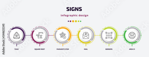 signs infographic template with icons and 6 step or option. signs icons such as toxic, square root, favourite star, mail, borders, area 51 vector. can be used for banner, info graph, web,