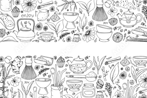 Doodle style illustration. Organic tea matcha powder, tea leaves tools for Japanese tea ceremony. Vector sketch background