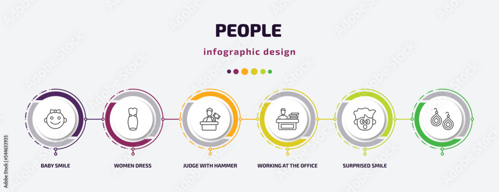 people infographic template with icons and 6 step or option. people icons such as baby smile, women dress, judge with hammer, working at the office, surprised smile, vector. can be used for people infographic template with icons and 6 step or option. people icons such as baby smile, women dress, judge with hammer, working at the office, surprised smile, vector. can be used for