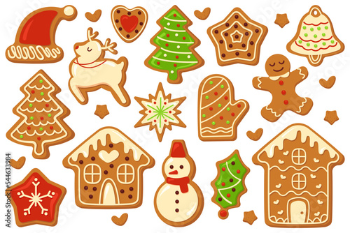 Christmas cookies flat icons set. Gingerbread different shapes. Small sweet house, stars, heart, snowman and santa claus hat. Tasty dessert. Traditional winter candies. Color isolated illustrations