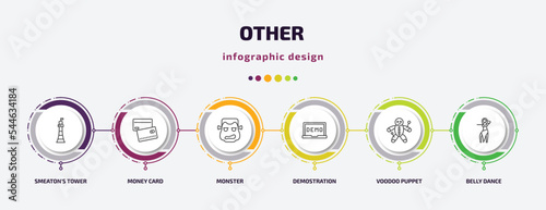 other infographic template with icons and 6 step or option. other icons such as smeaton's tower, money card, monster, demostration, voodoo puppet, belly dance vector. can be used for banner, info