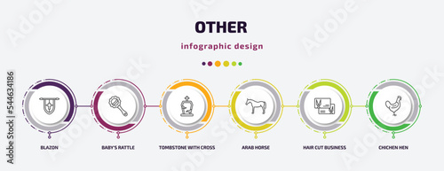 other infographic template with icons and 6 step or option. other icons such as blazon, baby's rattle, tombstone with cross, arab horse, hair cut business card, chichen hen vector. can be used for