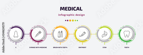 medical infographic template with icons and 6 step or option. medical icons such as e, syringe with medicine, brush with tooth paste, ointment, stoh, tooth vector. can be used for banner, info