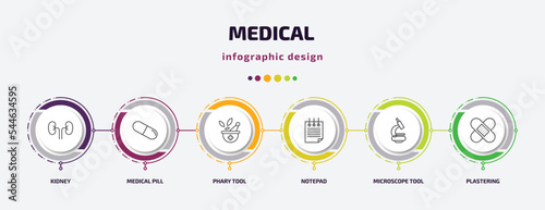 medical infographic template with icons and 6 step or option. medical icons such as kidney, medical pill, phary tool, notepad, microscope tool, plastering vector. can be used for banner, info graph,
