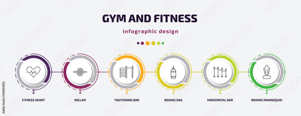 gym and fitness infographic template with icons and 6 step or option. gym and fitness icons such as fitness heart, roller, tightening bar, boxing bag, horizontal bar, boxing mannequin vector. can be gym and fitness infographic template with icons and 6 step or option. gym and fitness icons such as fitness heart, roller, tightening bar, boxing bag, horizontal bar, boxing mannequin vector. can be