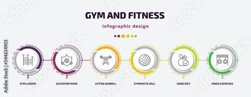 gym and fitness infographic template with icons and 6 step or option. gym and fitness icons such as gym ladder, elevation mask, lifting barbell, gymnastic ball, good diet, rings exercises vector.