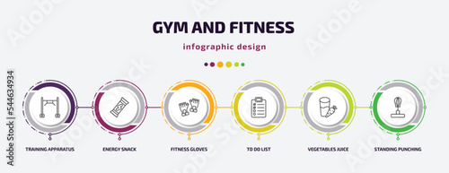 gym and fitness infographic template with icons and 6 step or option. gym and fitness icons such as training apparatus, energy snack, fitness gloves, to do list, vegetables juice, standing punching