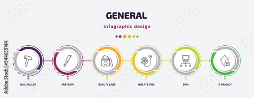 general infographic template with icons and 6 step or option. general icons such as nail puller, fretsaw, beauty care, inflate tire, bpm, e-privacy vector. can be used for banner, info graph, web,